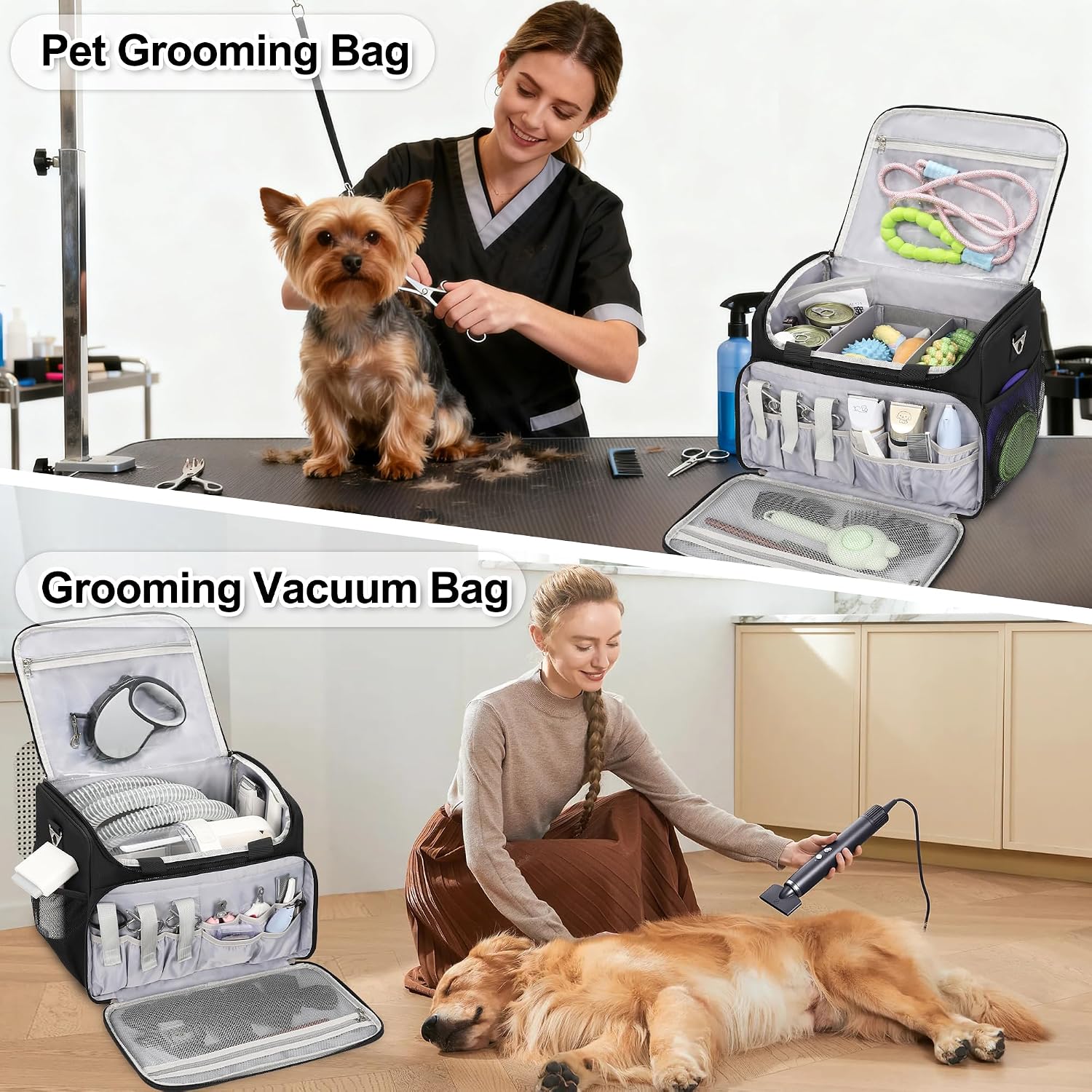 TANTO Dog Grooming Vacuum Bag, Extra Large Pet Tool Bag with Compartments | Professional Travel Animal Groomer's Tool kit Bags for Supplies - for Dogs, Cat & Pet Groomers( Black)