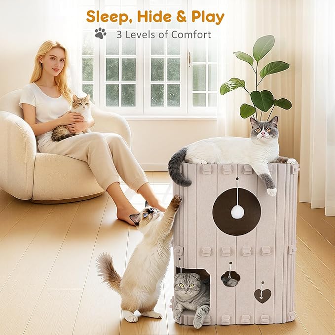 Cat House for Indoor Cats - 2-Story Enclosed Cat Bed Cave for Multiple & Large Cats, Felt Covered Pet Hideaway Tunnel Condo House, Kitty Hut Hideout Cube, Scratch Resistant, Beige