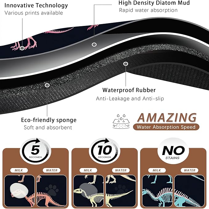 Dinosaur Skeleton Dog Cat Food Mat,Vintage Color Absorbent Pet Feeding Mat with Rubber Backing,Non-Slip Water Bowl Placemat,Indoor Pet Accessories Supplies 16"x24"