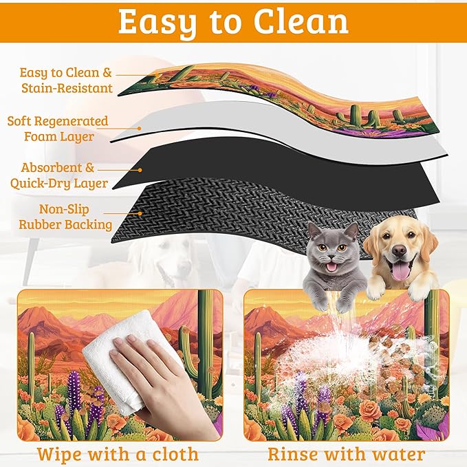 Pet Feeding Mat,Cactus Absorbent Dog Cat Food Mat Desert Dog Mat with Rubber Backing,Non-Slip Water Bowl Placemat,Pet Supplies 16" x 24"