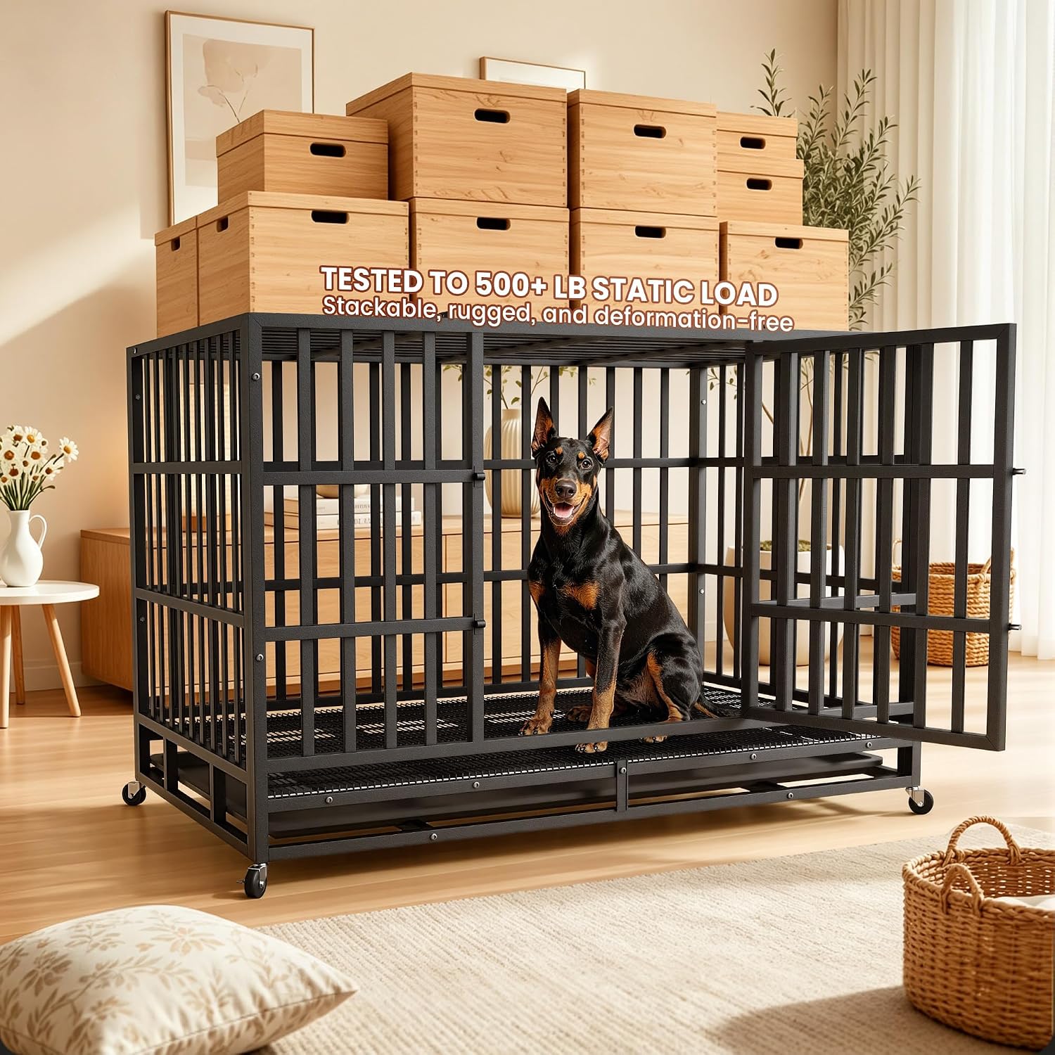 Heavy Duty Dog Crate 48 Inch, Indestructible Kennel for Large Dogs | 38-60" for Small to XX-Large Dogs | Escape Proof Latch | Removable Tray | Chew-Proof Steel | Lockable Wheels | Easy-Clean