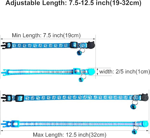 2 Pack Breakaway Cat Collars with Bells, Reflective Design and Claw Print Design, Safety Buckle Kitten Collars Adjustable from 7.5 to 12.5 Inches (Sky Blue)