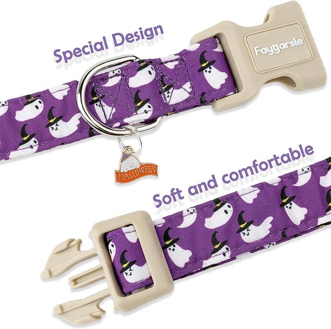 Faygarsle Halloween Dog Collar with Charm, Purple with Ghost Pattern, Adjustable Pet Collar for Small Medium Large Dogs S