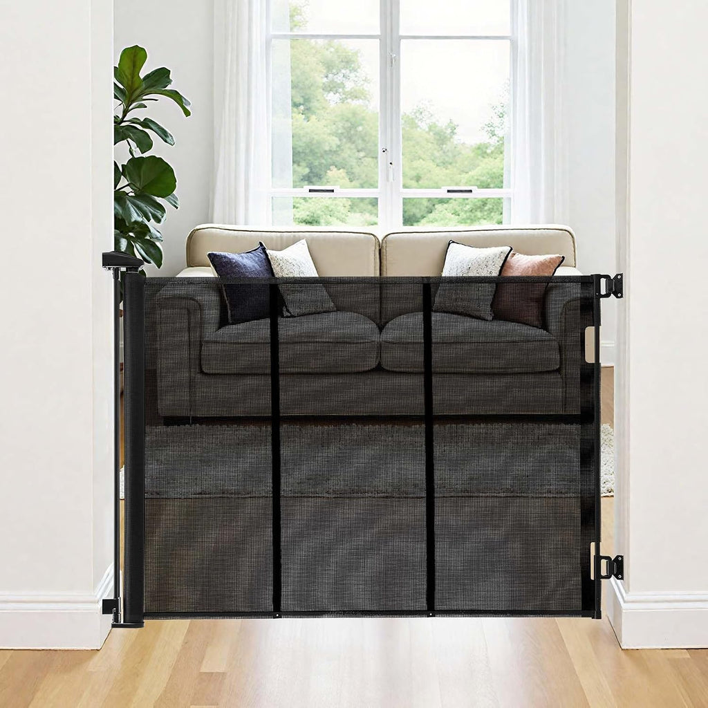 VEVOR Retractable Baby Gate, Extends to 202.7 inch Extra Wide, 39 inch Tall, with Reinforced Fiberglass Strips, Avoids Crawling Through, Mesh Dog Gate for Decks, Doorways, Garages, Indoor, Black