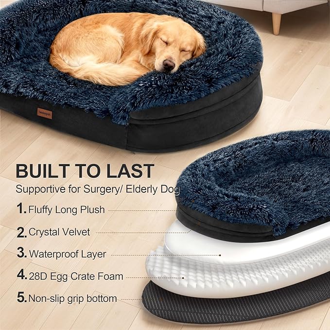 Black Orthopedic Dog Beds for Extra Large Dogs, 44" x32.6" x7.6" Supportive Dog Sofa Bed with 28D Egg-Crate Foam, Removable Washable Cover, Waterproof Lining, for Puppy,Senior,Sick