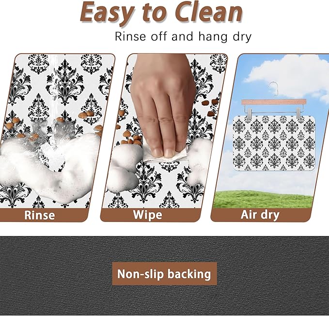 Vintage Damask Flower Dog Cat Food Mat,White Black Floral Absorbent Pet Feeding Mat for Food and Water,Non-Slip Dog Bowl Mats Floor Protector 16"x24"