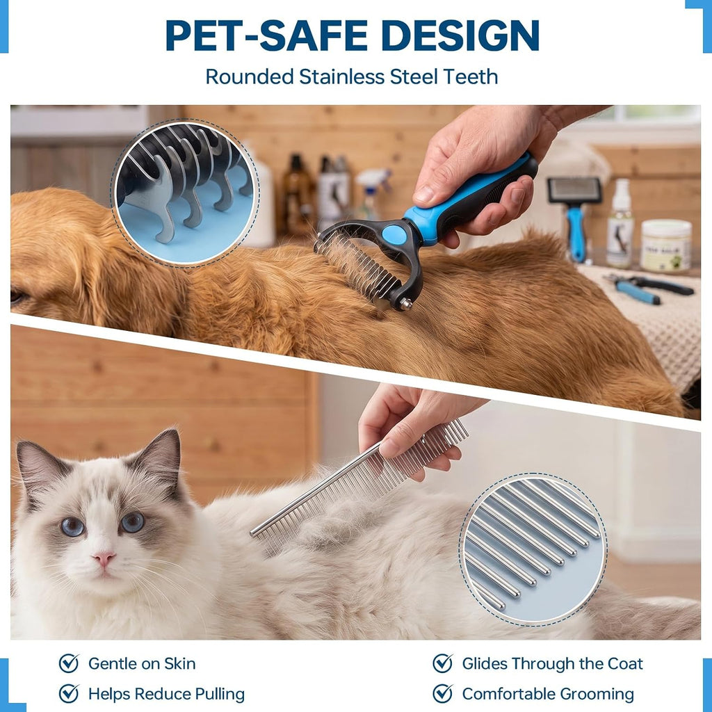 Pet Grooming Comb Set, Double-Sided Dematting Comb & Deshedding Brush with 2-in-1 Metal Comb for Dogs & Cats, Undercoat Rake for Heavy Shedding, Detangling Long Hair & Thick Coats, Blue