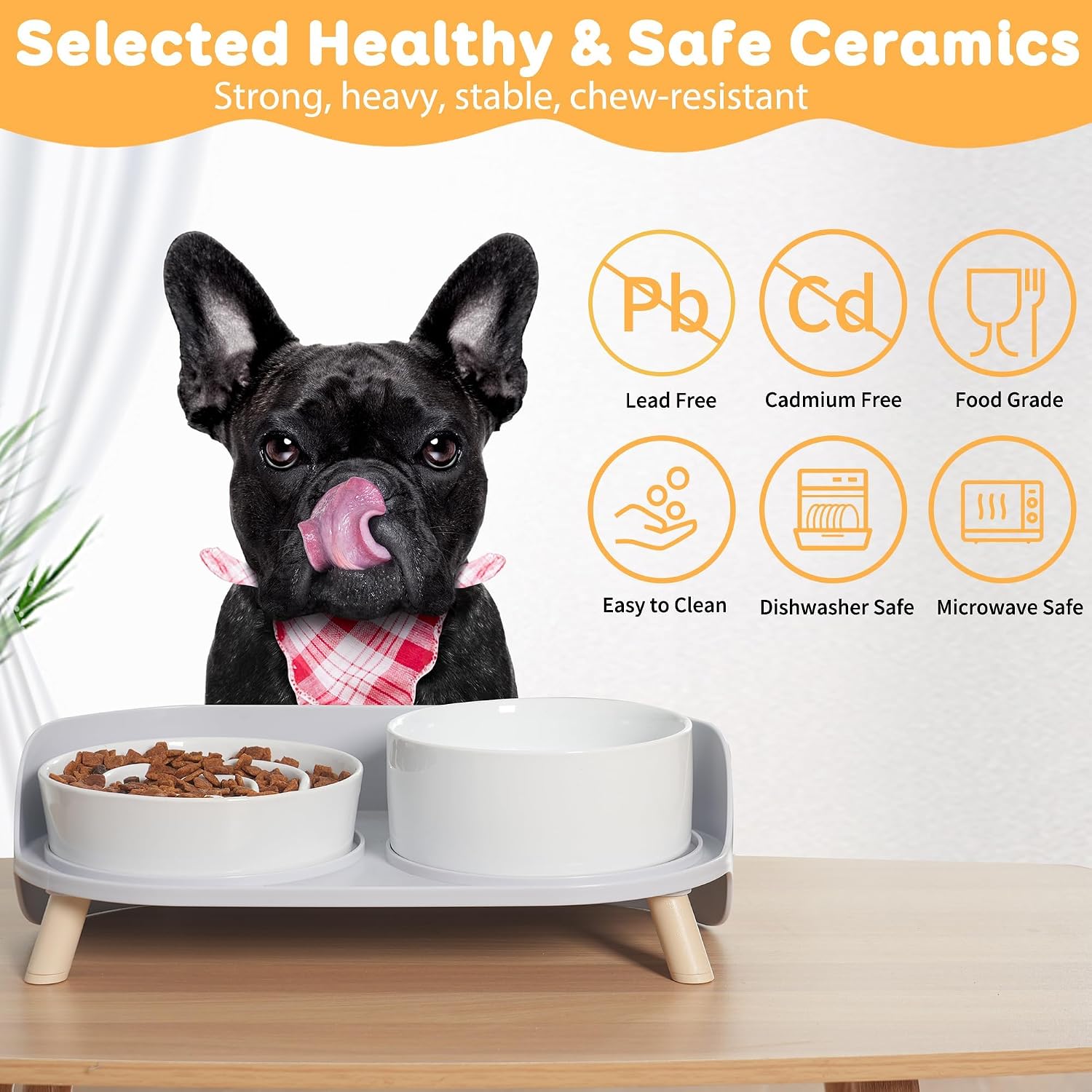 Elevated Slow Feeder Dog Bowls with Splash Proof Stand, Slow Eating 5X | 6.5″ Dog Slow Feeding Bowls & 6.1″ Dog Food Dish, Non-Slip Raised Food and Water Bowl Set for Small and Medium Breeds, White