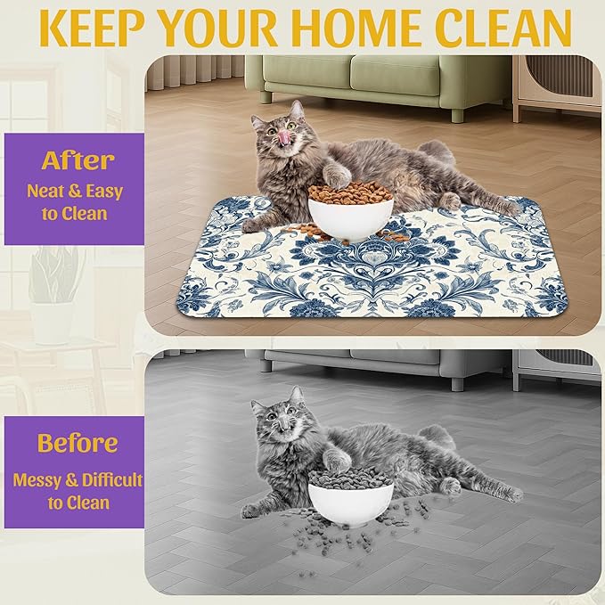 Vintage Floral Paisley Pet Feeding Mat, Absorbent Dog Cat Bowl Pad, Quick Dry, No Stains, Non-Slip Backing – 12x20 Inch