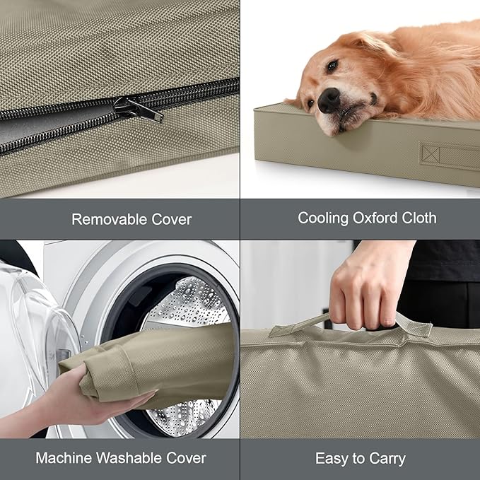 Outdoor Dog Bed for Small Dogs & Cats, Waterproof Dog Crate Mat Orthopedic Egg Crate Foam with Washable Removable Oxford Cover, Khaki