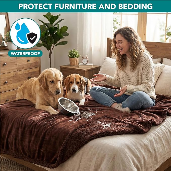 PetAmi Waterproof Dog Blanket for Medium Large XL Dog Puppy Cat Throw for Couch Cover Leakproof Protection, Sherpa Fleece, Reversible Soft Washable 80x60 Brown Brown