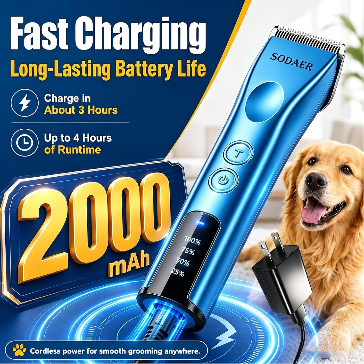 Professional Dog Grooming Clippers, Cordless Pet Hair Clipper | with Guide Combs & Replaceable Blades, Rechargeable Low Noise Dog Hair Trimmer for Horse ,with Storage Tool Box,Blue