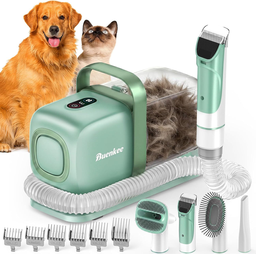Buenkee Dog Grooming Vacuum Kit, 15000Pa Clipper, Shedding Brush, 2L, Green | Brush, trim and deshed at home with less flying fur, mess-control suction and fewer emptying breaks during longer sessions