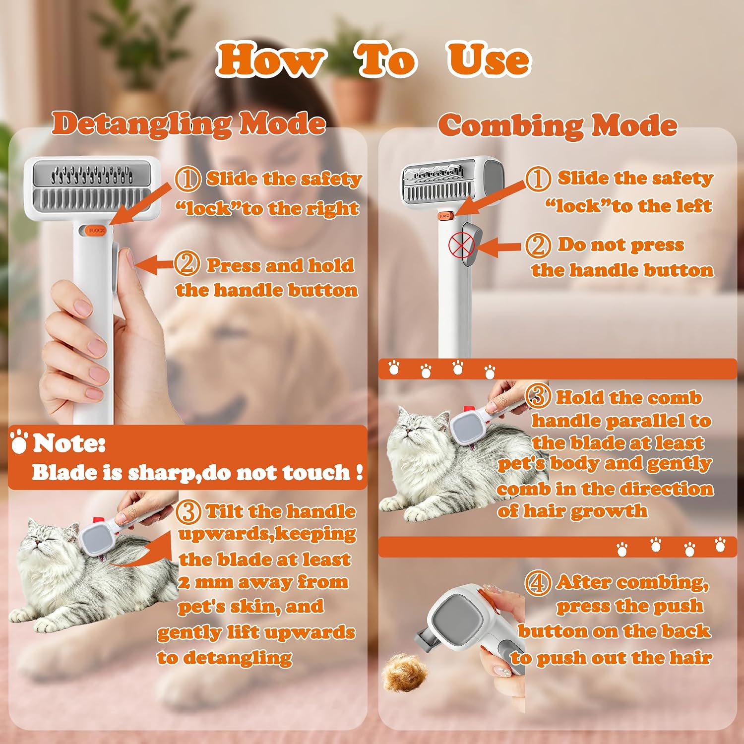 2-in-1 Pet Dematting Comb & Undercoat Rake, Self-Cleaning Deshedding Brush for Dogs & Cats, Safely Removes Mats, Tangles and Loose Fur for Long or Short Hair(White)