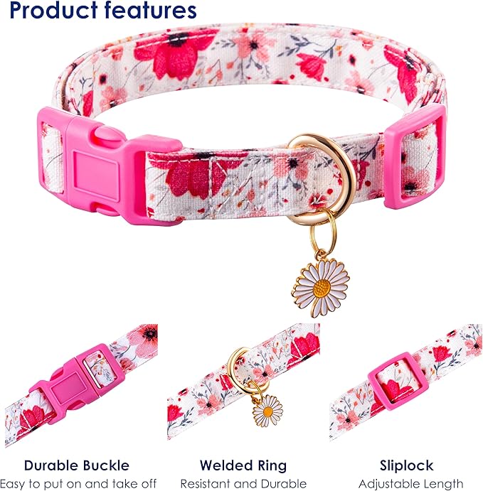 Cotton Dog Collar Light Pink Flower Pattern for Boys and Girls Cute Dog Collars Summer Fall Gift Adjustable for Small to Medium Breed Dogs (S)