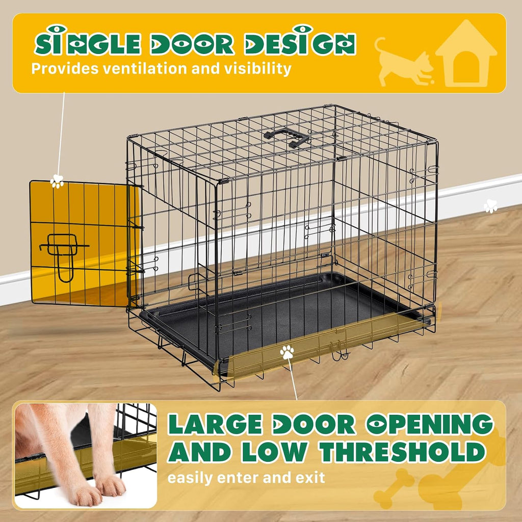 Small Dog Crate 24 Inch, Metal Wire Foldable Dog Cage Kennel | Double Door, Secure Lock, Plastic Leak-Proof Pan Tray, Indoor Outdoor Training Pet