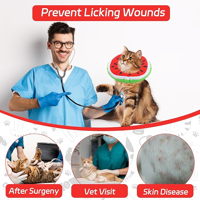 Cat Cone Collar Soft, Adjustable Cat Recovery Collars Kitten Cones to Stop Licking, Cute Donut E Collar After Surgery, Wound Healing Elizabethan Collar for Kittens (Watermelon, Medium)