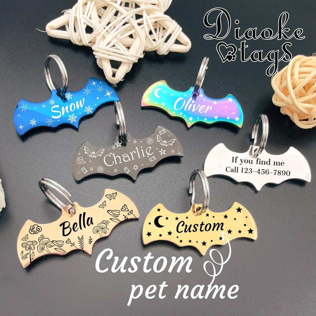 Stainless Steel Cat ID Tag Personalized Pet Tags with up to 4 Lines of Custom Text, Small Pet Mini Dog Cat Tag Lightweight, Engraved on Both Sides, Multiple Patterns Colors Size Options (Bat Shaped)
