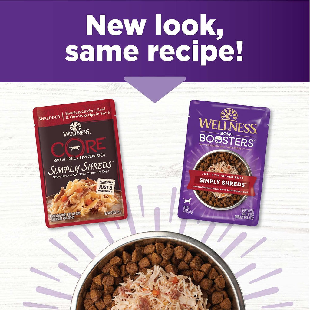 Wellness Bowl Boosters Simply Shreds Wet Dog Food Topper for Small, Medium, and Large Breeds, Grain Free, Natural, Beef and Carrots Recipe, 2.8 oz, Pack of 12 Pouches