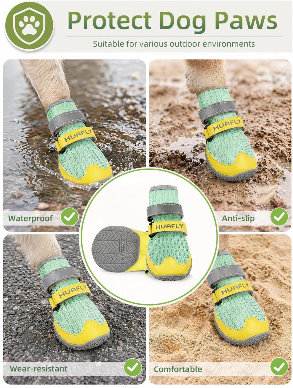 Huafly Dog Shoes for Large Medium Small Dogs,Adjustable Reflective Mesh Breathable Boots & Paw Protectors for Hot Pavement Summer,Anti-Slip Booties for Hard Floors Walking Running Hiking (Size 6)