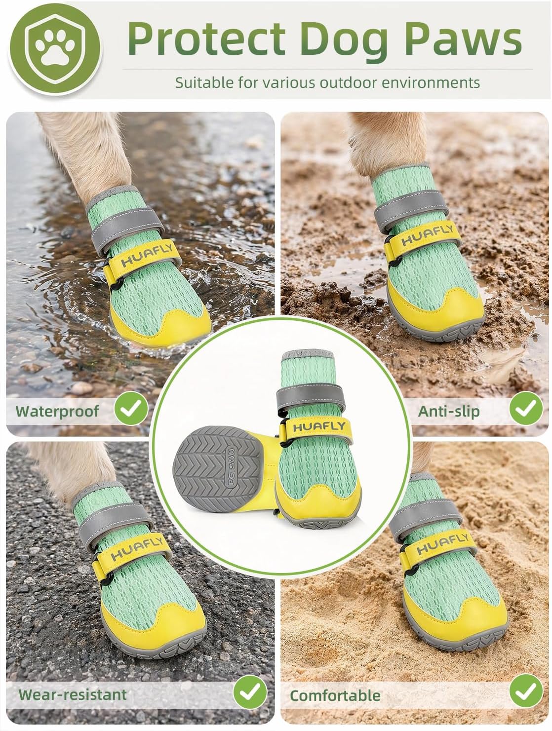 Huafly Dog Shoes for Large Medium Small Dogs,Adjustable Reflective Mesh Breathable Boots & Paw Protectors for Hot Pavement Summer,Anti-Slip Booties for Hard Floors Walking Running Hiking (Size 6)