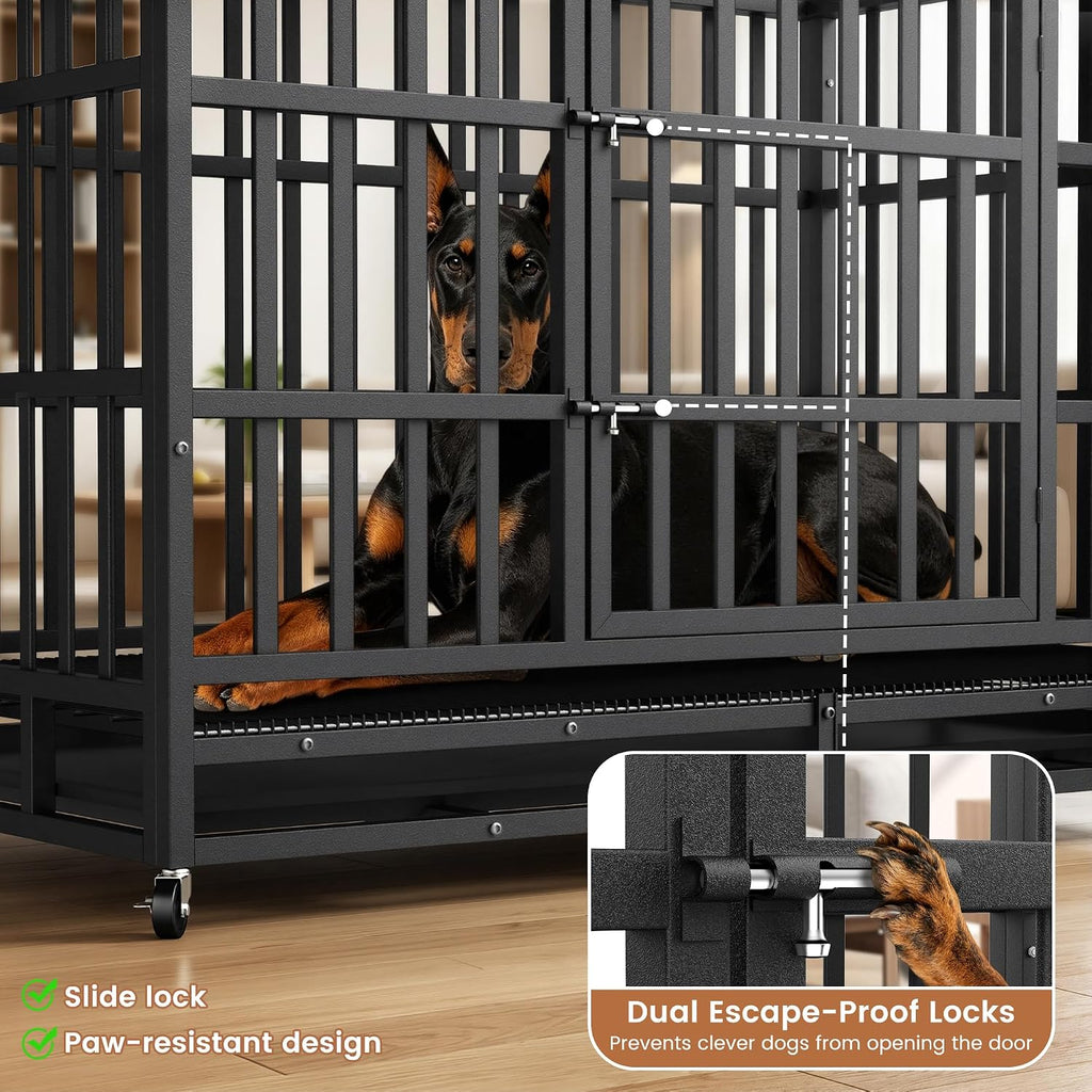 Heavy Duty Dog Crate 48 Inch, Indestructible Kennel for Large Dogs | 38-60" for Small to XX-Large Dogs | Escape Proof Latch | Removable Tray | Chew-Proof Steel | Lockable Wheels | Easy-Clean