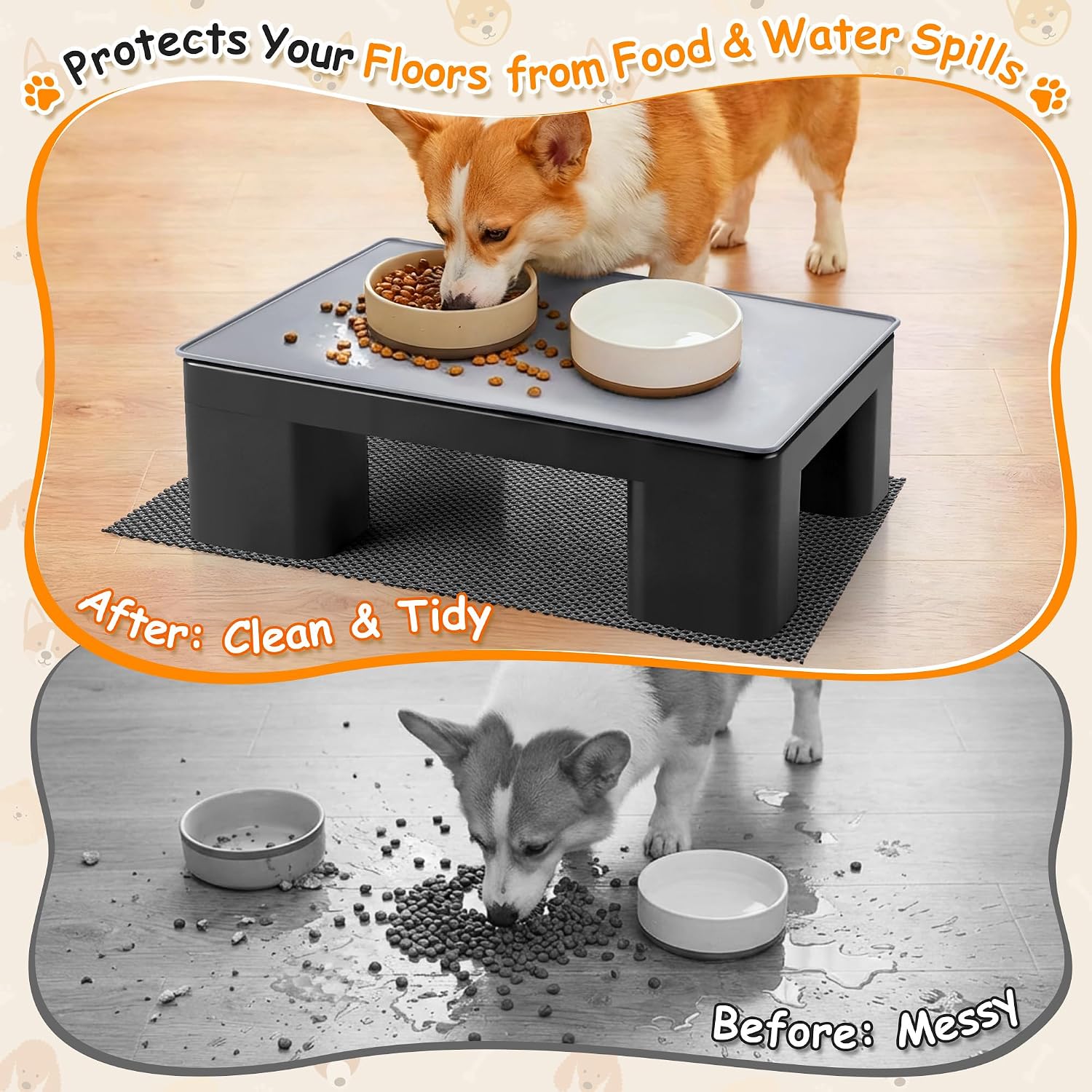 Elevated Dog Bowl Stand with Waterproof Dog Food Mat, Non-Slip, 1 Pc, Black | Reduce Neck & Joint Strain, Easy to Clean Silicone Pet Feeding Mat, Sturdy Legs, Ideal for Small & Medium Dogs and Cats