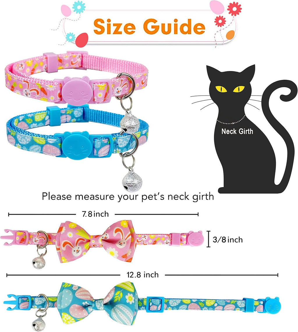 Easter Cat Collar with Bow Tie, Holiday 2 Pack Kitty Kitten Cute Bunny Carrot Collar for Girls and Boys (Hoppy Hour/Pink)