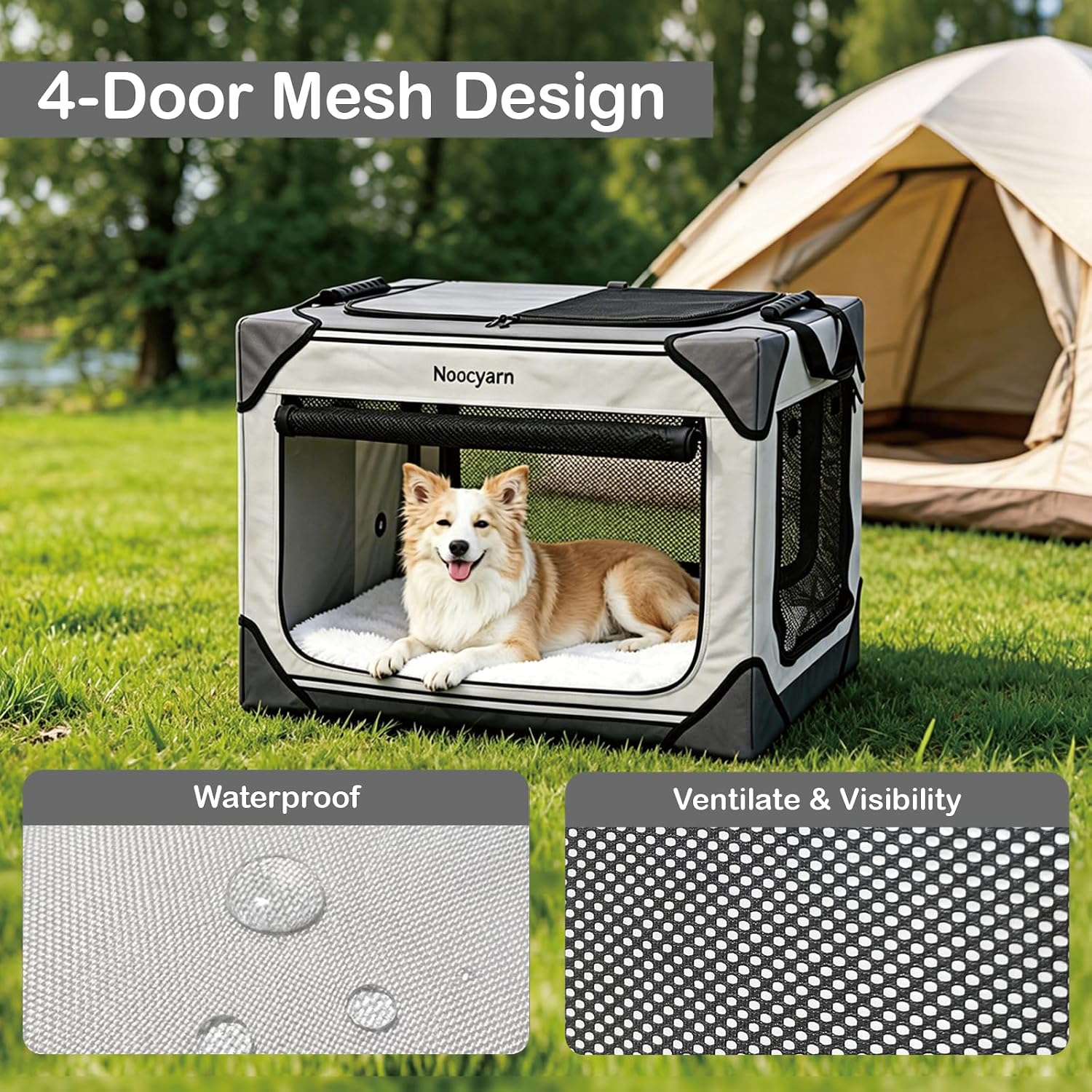 Collapsible Soft Dog Crate 36 Inch, Portable Travel Pet Crate for Large Dogs with 4-Door Mesh, Large Dog Kennel Indoor & Outdoor, Light Grey