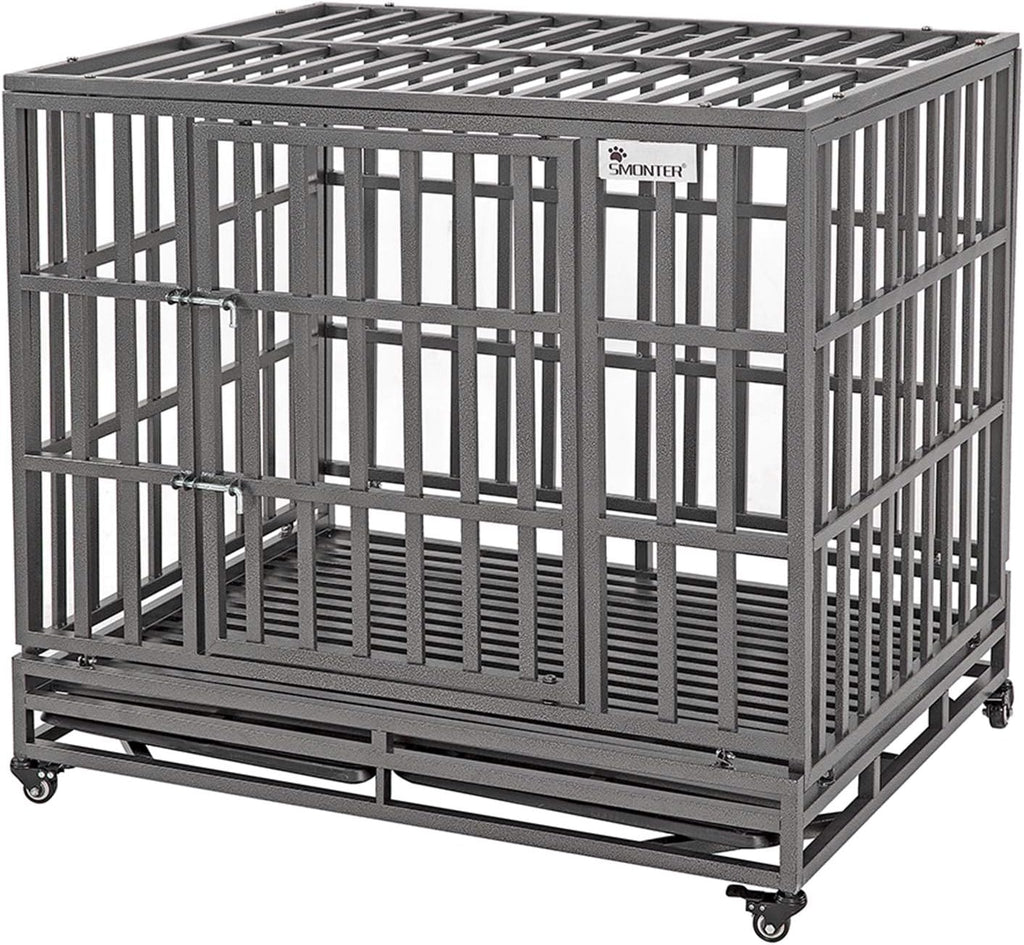 SMONTER 42" Heavy Duty Dog Crate Strong Metal Pet Kennel Playpen with Two Prevent Escape Lock, Large Dogs Cage with Wheels, Dark Silver …