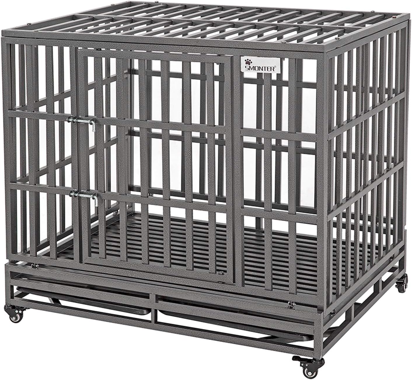 SMONTER 42" Heavy Duty Dog Crate Strong Metal Pet Kennel Playpen with Two Prevent Escape Lock, Large Dogs Cage with Wheels, Dark Silver …