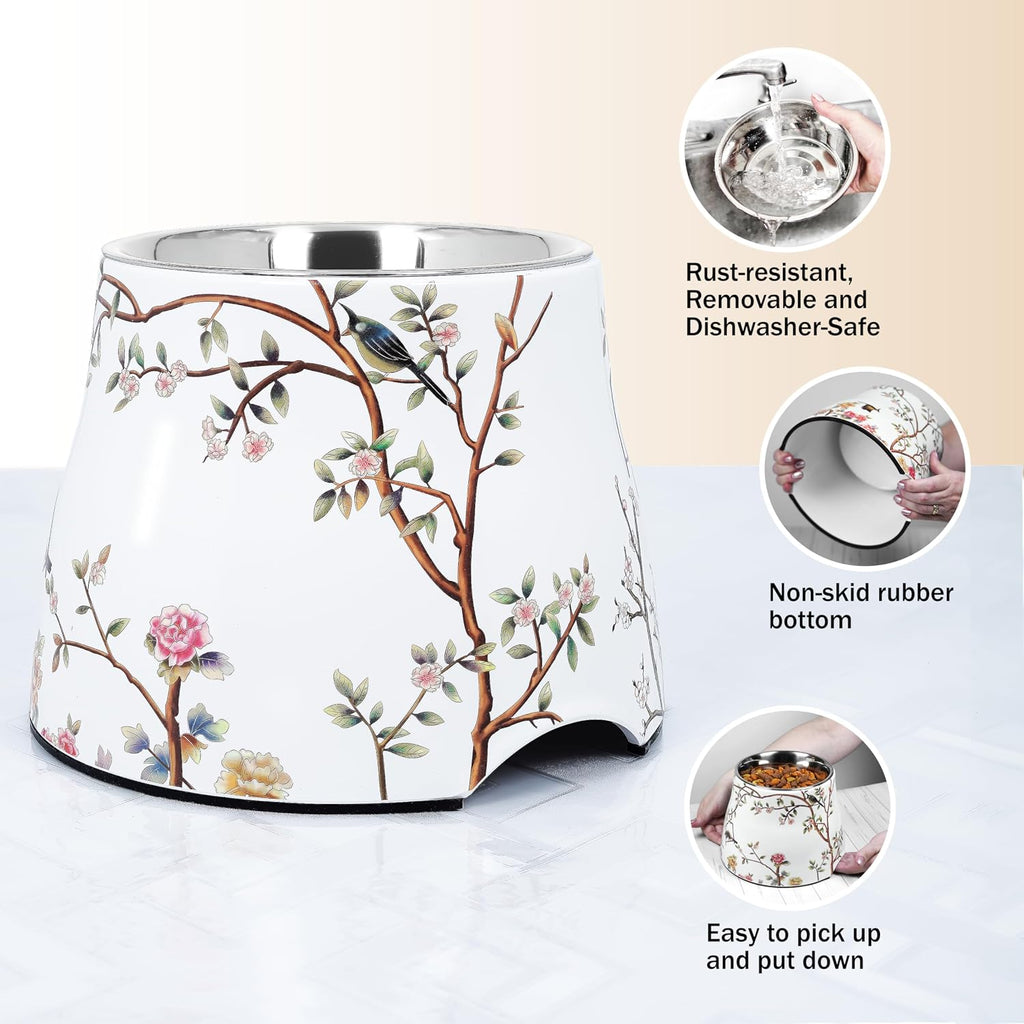 Ceramic pet Bowl 5 inch Height for Cats and Small Dogs & Toy Breeds | For cats and (10-25lbs)small dogs 2cup (540ml) food feeder, 304 food-grade stainless steel bowl, non-slip ceramic base, white