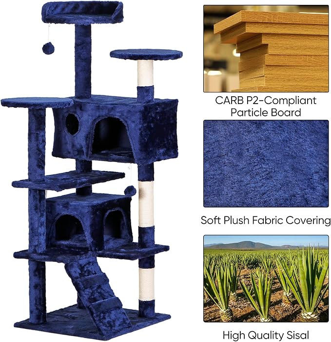 Multi-Level Cat Tree Tower with Condos, 54" Tall Cat Activity Center with Plush Perches and Toys, Space Saving Pet Playhouse for Kittens and Cats (Blue)