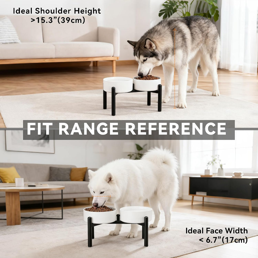 Raised Ceramic Dog Bowl Set with Stand, 7.5 Cups Elevated Dog Food Stand | 8.4'' Double Dog Food and Water Bowl Set, Non-Slip Dog Feeding Dishes for Small Breeds and Cats, 59.2 OZ, White