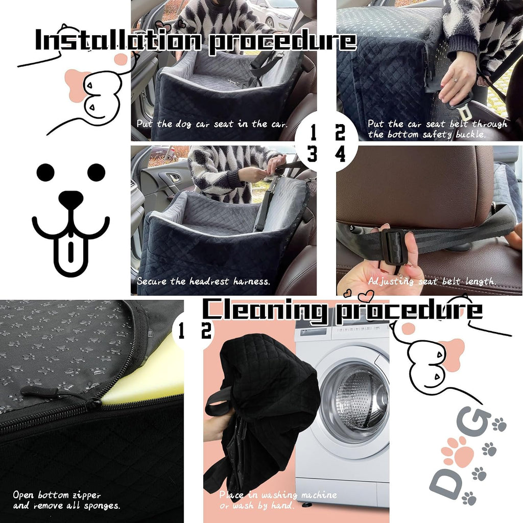 Dog Car Seat for Small Medium Dogs-Safety and Comfy Pet Booster Carseats with 2 Clip-On Satebelt & Storage Pockets,Washable and Detachable Puppy Car Seat for Dogs up to 30 lbs.(H-Black/Grey)