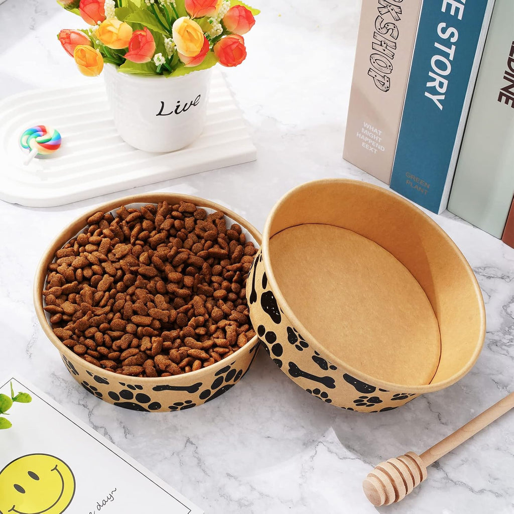 Whaline 50 Pcs Disposable Pet Bowls 16 Oz Kraft Paper Dog Cat Small Food Bowls with Paw Print Design for Travel Camping Picnic Wet Dry Food and Water
