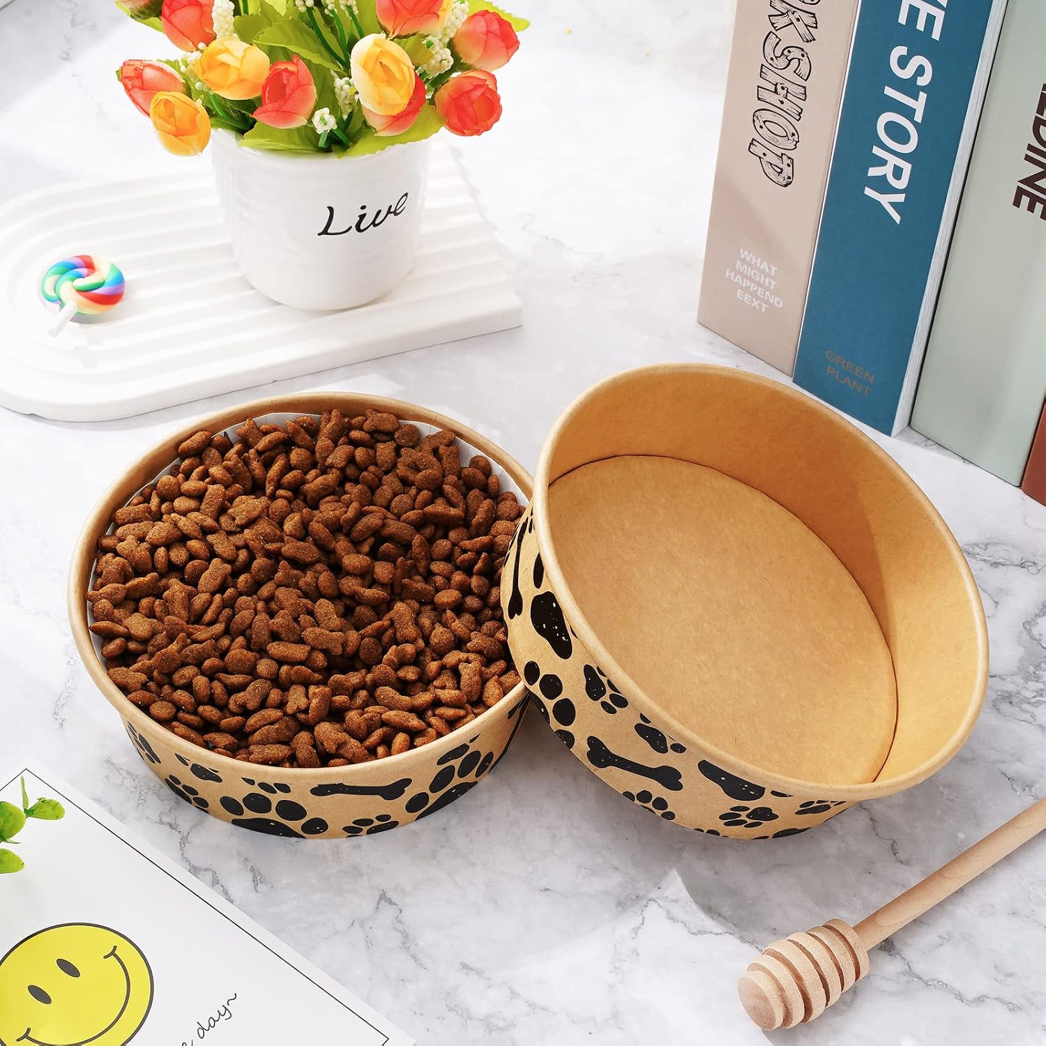Whaline 50 Pcs Disposable Pet Bowls 16 Oz Kraft Paper Dog Cat Small Food Bowls with Paw Print Design for Travel Camping Picnic Wet Dry Food and Water