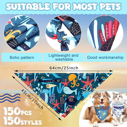 150 Pcs Ocean Dog Bandanas Bulk Summer Pet Bibs Triangle Ocean Themed Pet Scarf Bandanas for Medium Large Dogs Birthday Summer Beach Costume Decoration