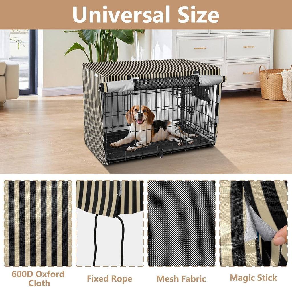 Beige Black Stripes Dog Crate Cover 42in Pet Kennel Cover | 600D Oxford Heavy Duty Kennel Covers, Breathable Mesh Window, Soundproof Waterproof Sunshade Universal Fit for Wire Cage