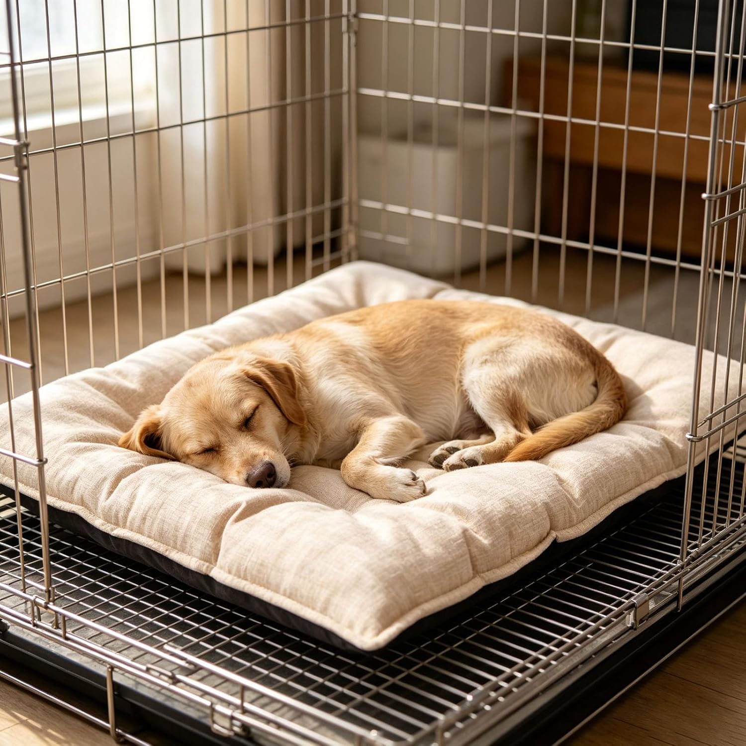 Chew Proof Dog Crate Bed, Reinforced Corner Kennel Pad, Washable Texture Dog Sleeping Mat, Comfort Rest Pad Suitable for Small Indoor Chewing Dogs，Beige：Large