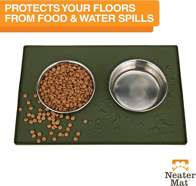 Neater Pet Brands Neater Mat Pet Mats for Food and Water, Cat & Dog Bowl Mat Waterproof Silicone, Feeding Tray, Dog Food Mats for Floors, Placemat w/Raised Edge for Under Bowls, 24" x 16", Olive
