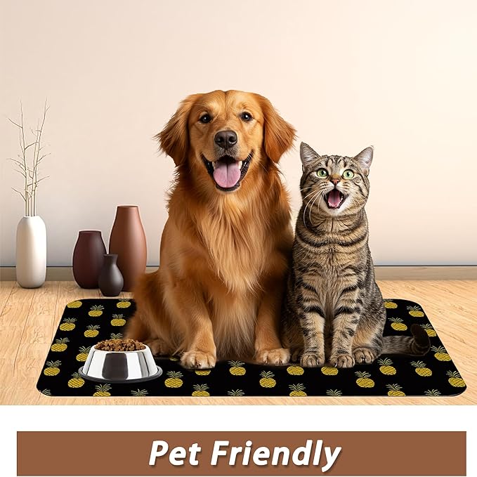 Dog Food Mat for Floors,Pineapple Tropical Absorbent Quick-Dry Pet Feeding Mat,Cat Dog Bowl Mats for Food and Water,Non-Slip Pet Accessories Supplies 16"x24"