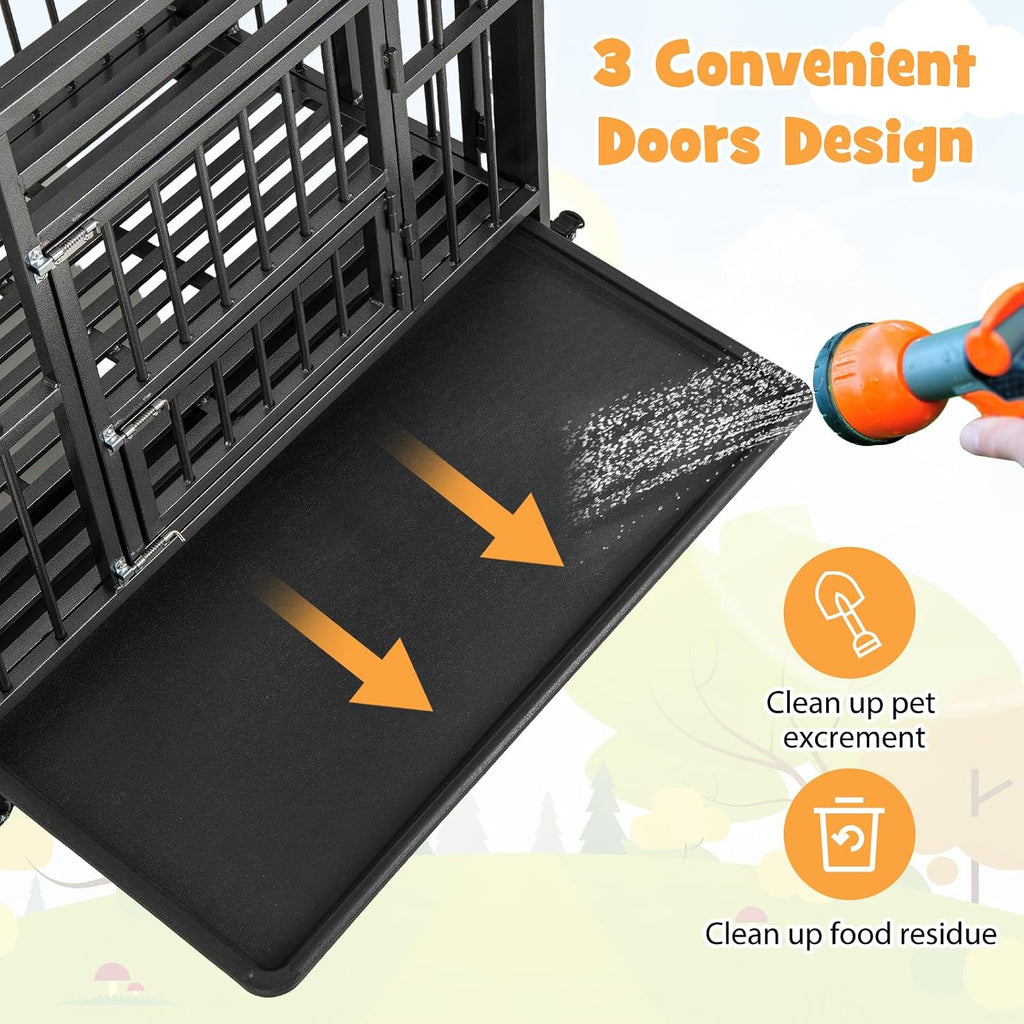 Tangkula Foldable Dog Crate, 3-Door Heavy Duty Dog Kennel with Removable Crate Tray, 4 Smooth Wheels, Indestructible Dog Crate for Indoor and Outdoor, Kennel Cage for Medium and Large Dogs