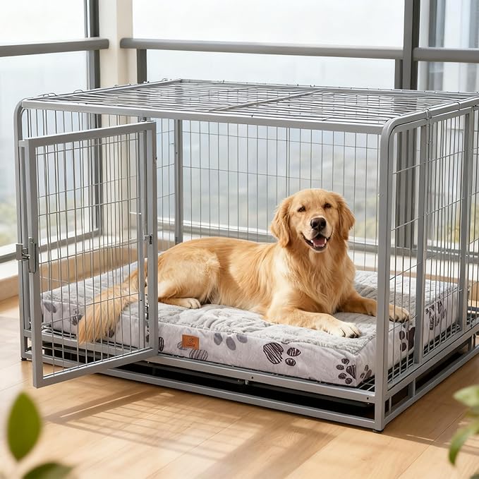 Waterproof Orthopedic Dog Bed for Large Medium Sized Dogs 35x22 Inch - Egg Crate Foam Pet Crate Bed with Removable Washable Cover, Plush Top Anti-Slip Bed Mat, Beige