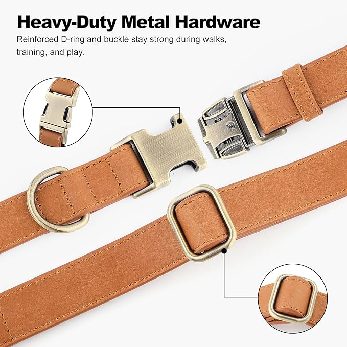 Plutus Pet Genuine Leather Dog Collar – Adjustable Pet Collar with Quick Release Metal Buckle, Soft Real Leather for Small Medium Large Dogs, Heavy Duty & Skin-Friendly (Light Brown, L)