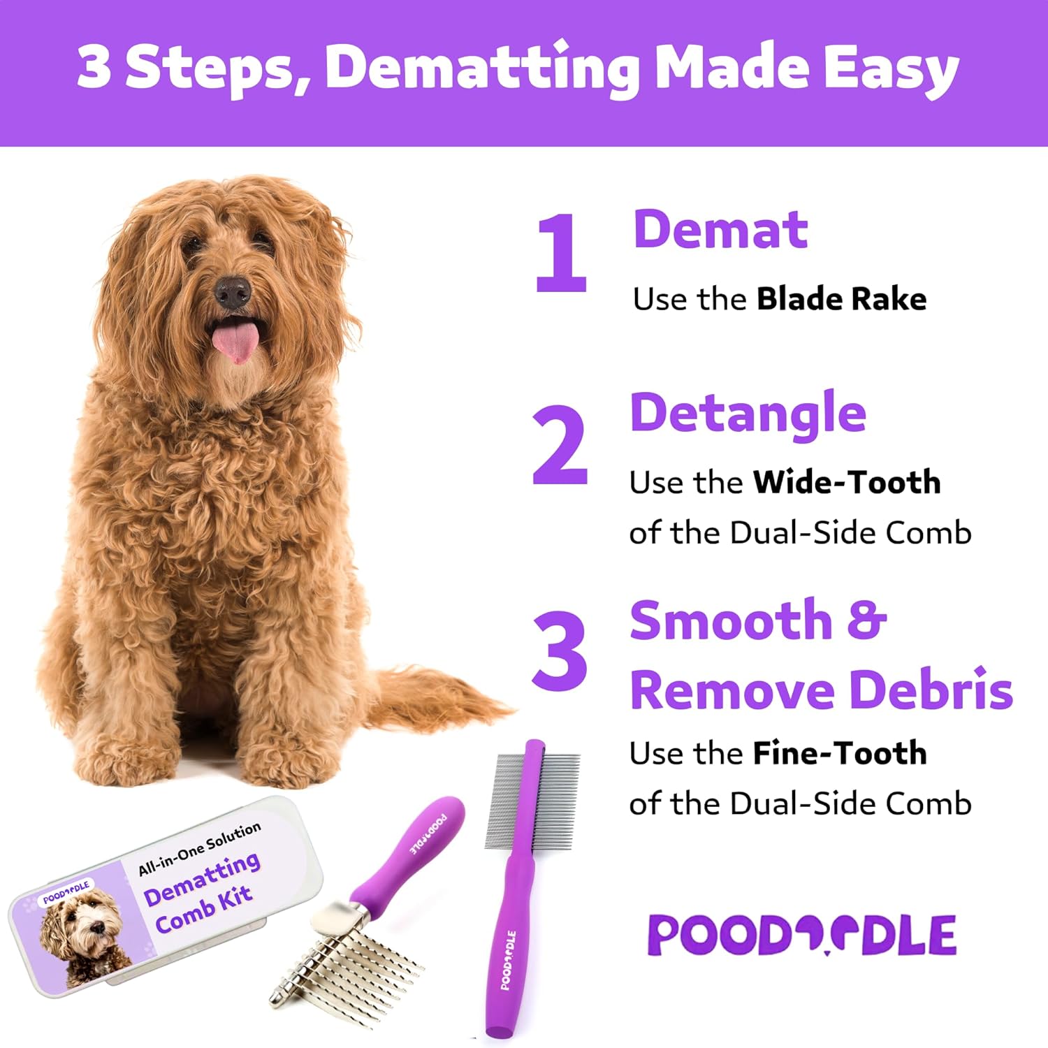 Pain-Free Dematting Comb Kit for Dogs & Cats, Dematting Rake & Detangling Dual-Side Comb Set, Dematting Brush for Dogs & Cats, Pet Grooming Tools Kit for Poodle Doodle & All Long Haired Pets