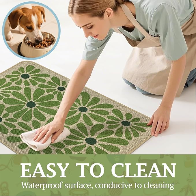 SHIYUE Dog Food Mats for Floors, Absorbent Cat Bowl for Food and Water, Non-Slip Accessories Pet Supplies(12"x20",Green Flower)