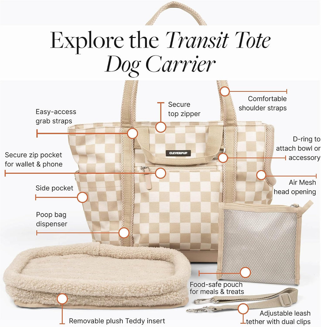 Transit Tote Dog Carrier 4-Piece Set - Premium Lightweight Pet Travel Bag with Plush Teddy Insert, Food Pouch, Air Mesh Opening, Water-Resistant Base & Safety Tether - Medium Checkerboard