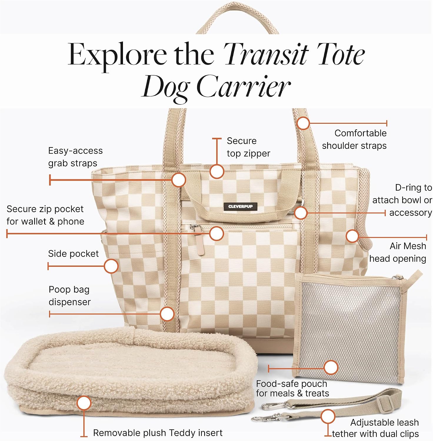 Transit Tote Dog Carrier 4-Piece Set - Premium Lightweight Pet Travel Bag with Plush Teddy Insert, Food Pouch, Air Mesh Opening, Water-Resistant Base & Safety Tether - Medium Checkerboard