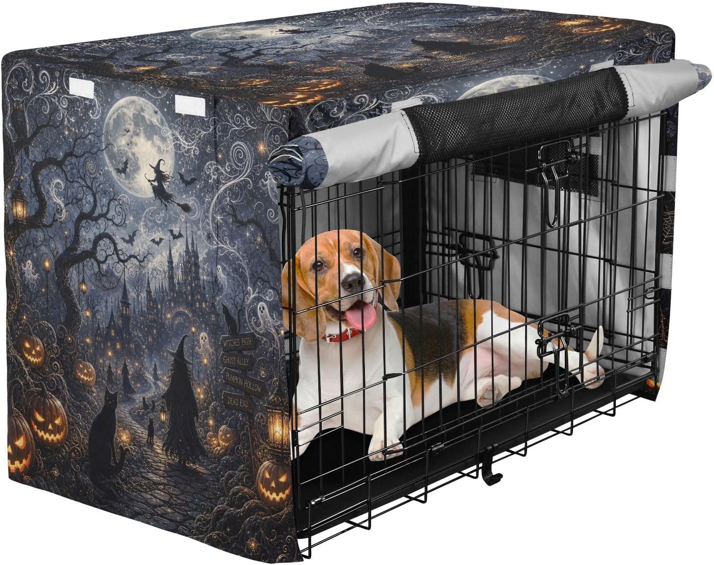 Dog Crate Cover Halloween Witch Heavy Duty 600D Oxford Waterproof Dog Kennel Cover for Wire Crates, UV Sun Protection and Breathable Mesh, Machine Washable - Fits S Crates